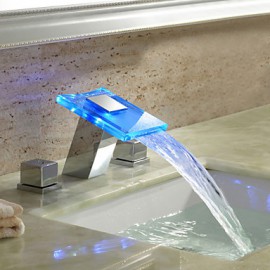 Zeitgenössisch 3-Loch-Armatur LED / Wasserfall with Keramisches Ventil Zwei Griffe Drei Löcher for Chrom, Waschbecken Wasserhahn