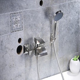 Wasserfall Bad Wasserhahn Badewanne Badewanne Brausebatterie mit Handbrause einzigen Griffhebel Nickel gebürstet eingestellt